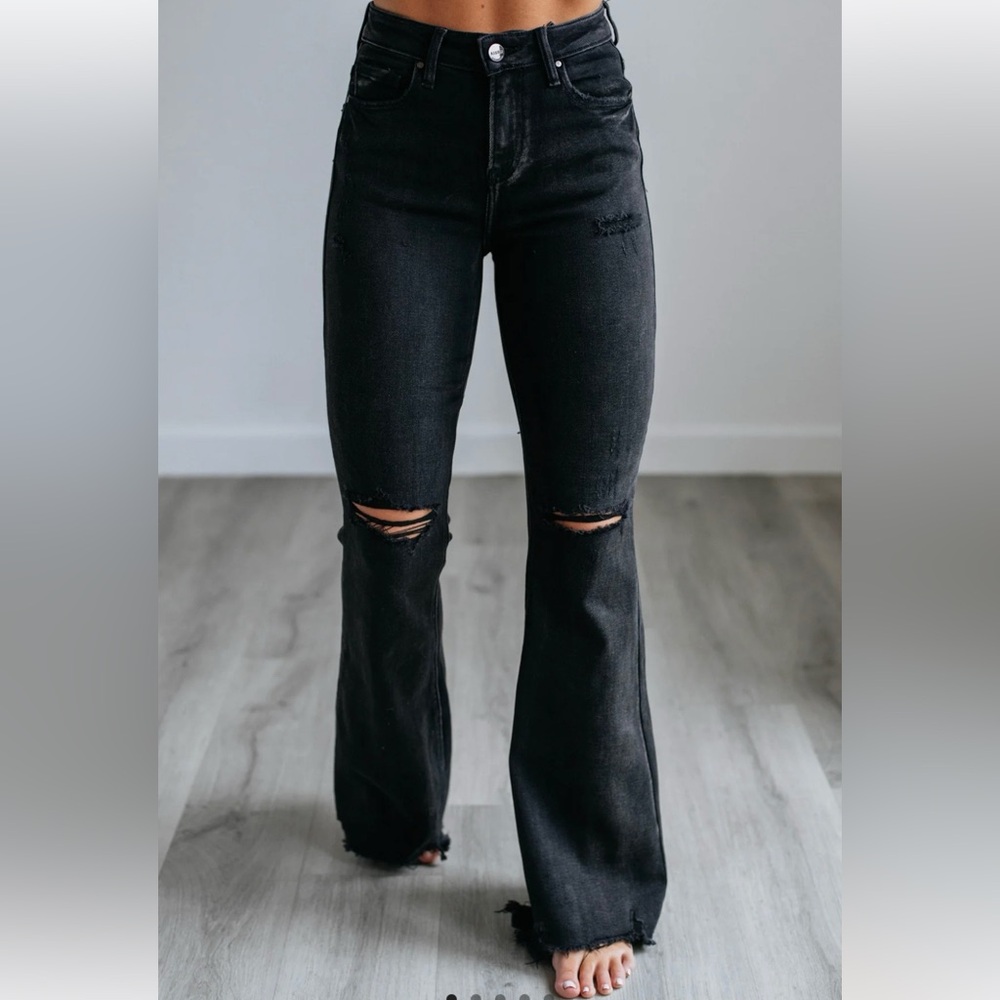 Black distressed flare jeans